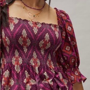 Anthropologie Conditions Apply Smocked Top Puff Sleeve Floral Blouse Size Med